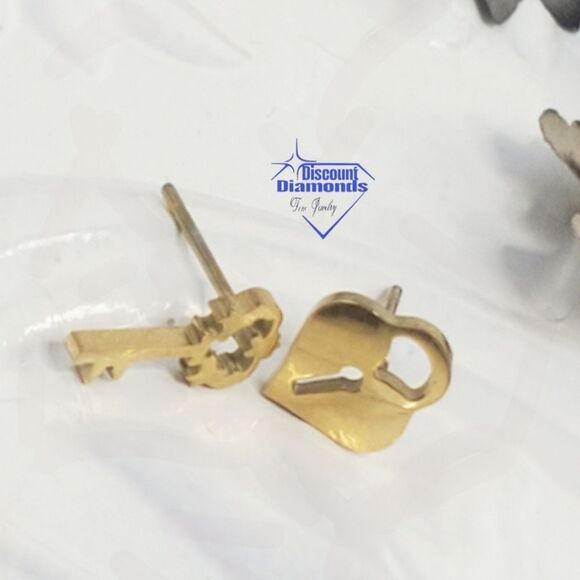 Gold Titanium Lock and Key Stud Pushback Earrings. - Picture 14 of 14
